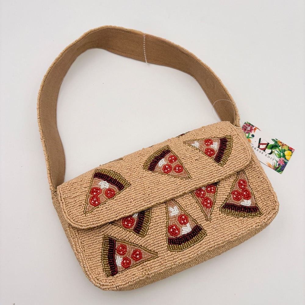 Express Edit Tan Beaded Pizza Slice Shoulder Bag Novelty Baguette Purse NWT - Picture 2 of 7